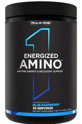 Rule One Energized Amino supplement in Blue Raspberry flavor, 30 servings, for energy and muscle recovery support.